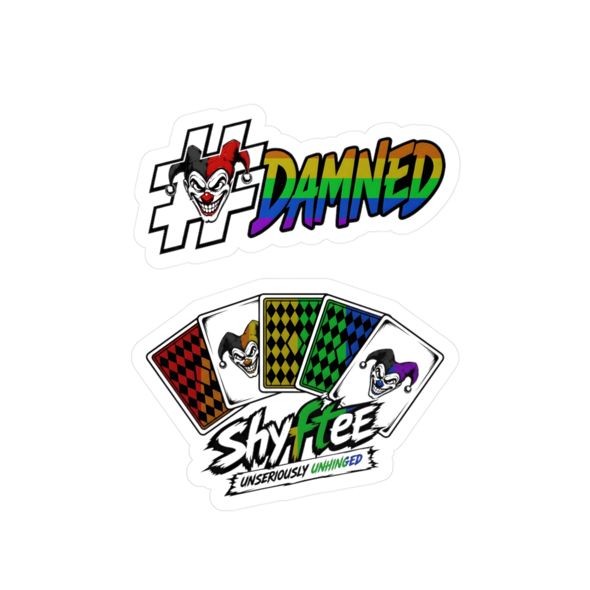 Shyftee "Damned + Card Deck Logo" Stickers (Pride-Inspired)