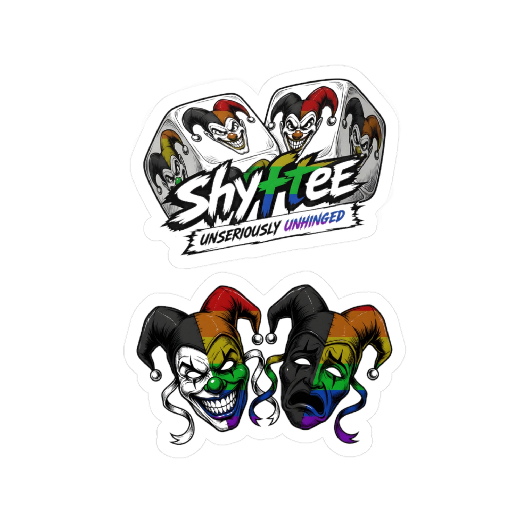 Shyftee Dice Logo + Comedy and Tragedy Stickers (Pride-Inspired)